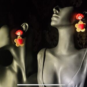 Heart-Shaped Red and Gold Pattern Earrings